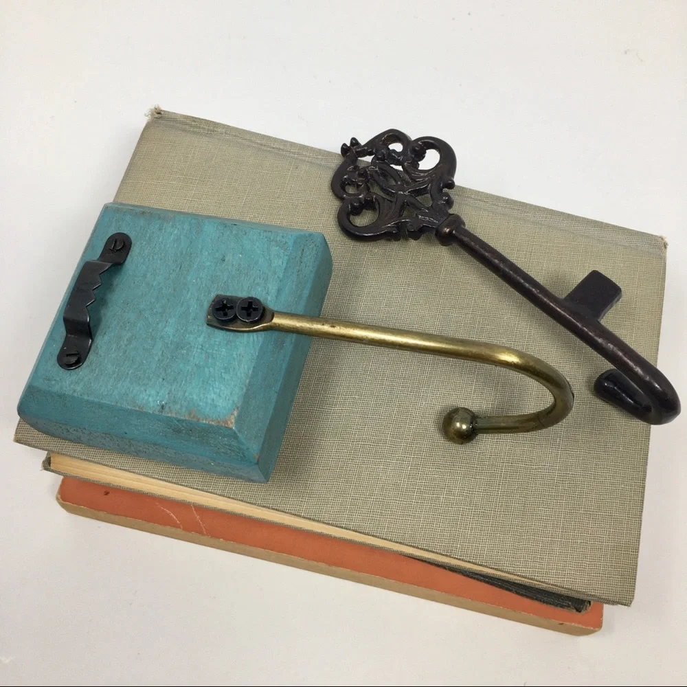 Pair of Victorian Inspired Square Turquoise Gold Paisley and Skeleton Key Hooks